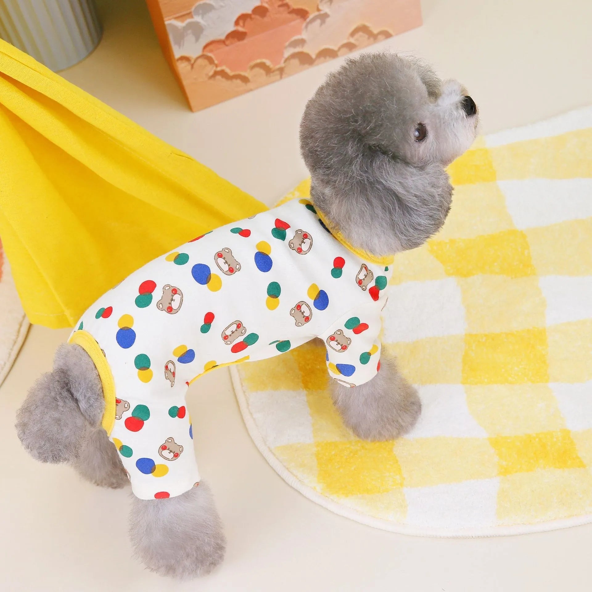 Beige dog jumper with colourful ball bear appliqué design for casual pet wear