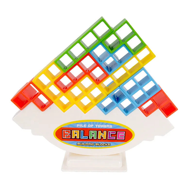 Plastic balance stacking board game with coloured building blocks on chassis for kids and adults