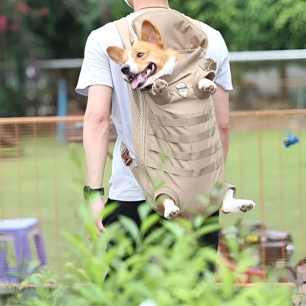 Khaki polyester pet backpack for medium dogs with breathable design