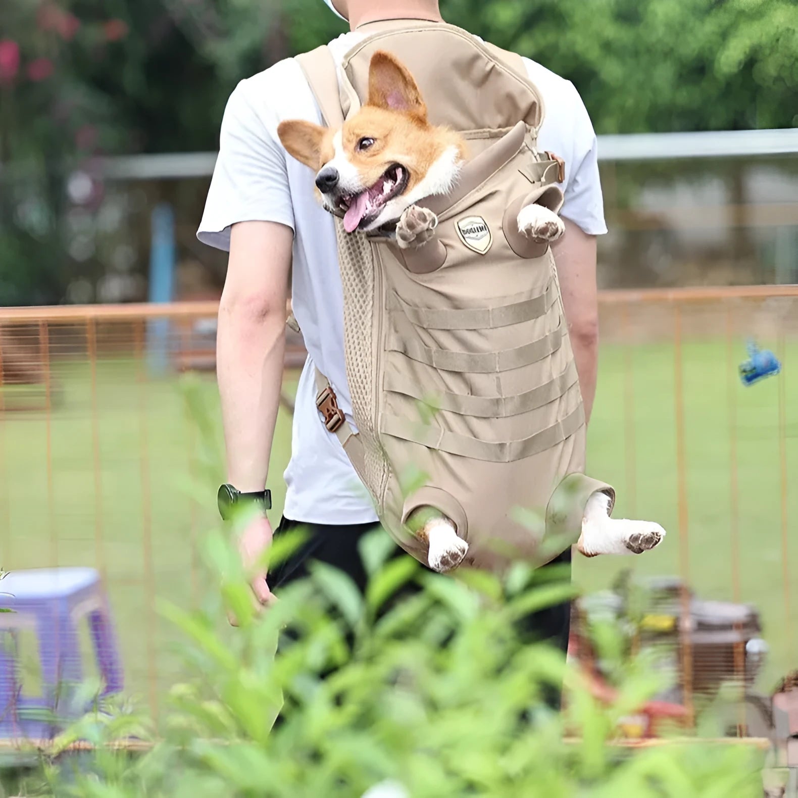 Khaki polyester pet backpack for medium dogs with breathable design