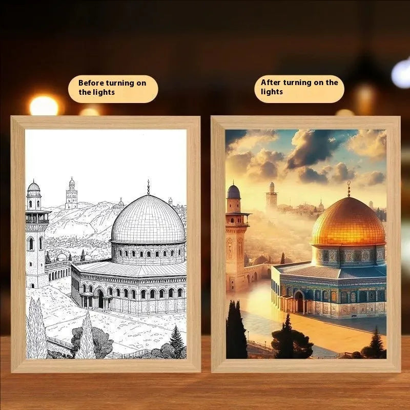 Handmade rectangular LED light painting photo frame showing illuminated inspirational design