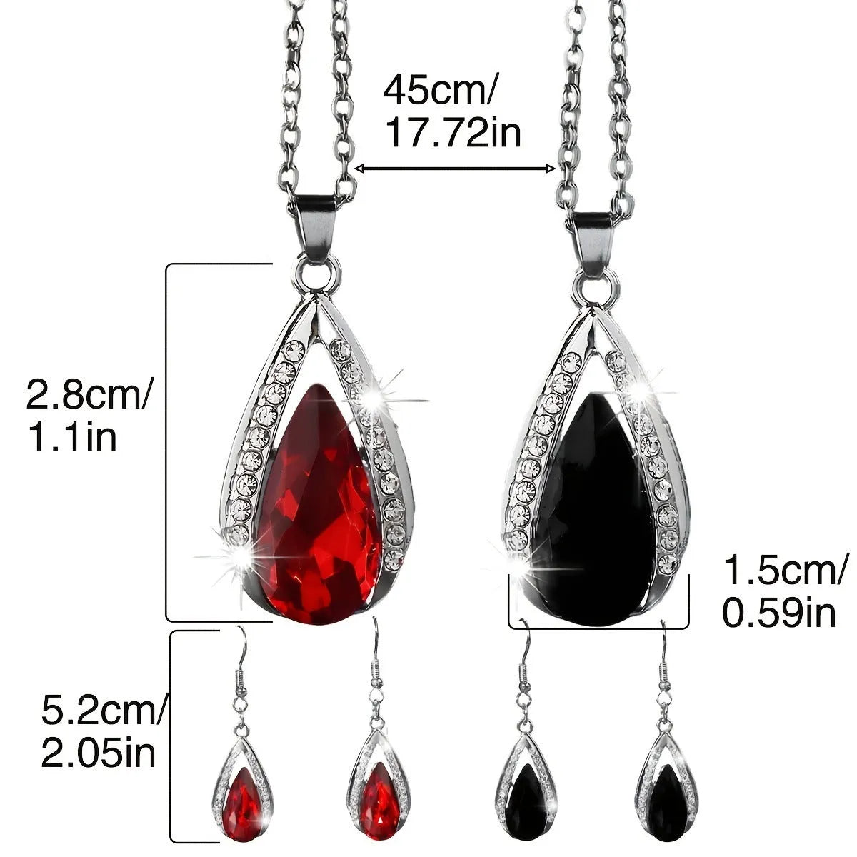 Black and red teardrop glass pendant necklace and matching earrings set on a white background.