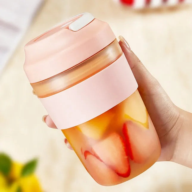Grape purple portable rechargeable blender cup with lid, 400ml capacity, shown with USB cable.