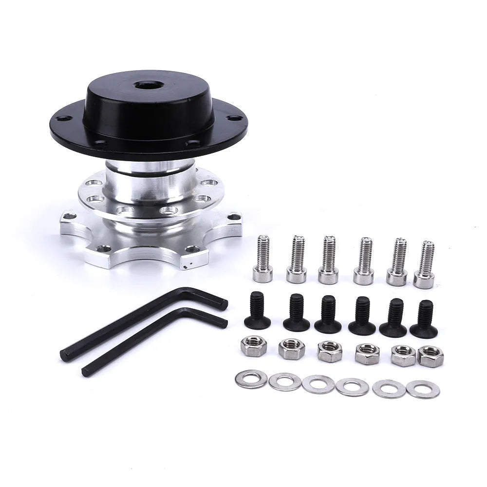 Car quick release steering wheel adapter device in black, red, blue, silver, and gold colour options.