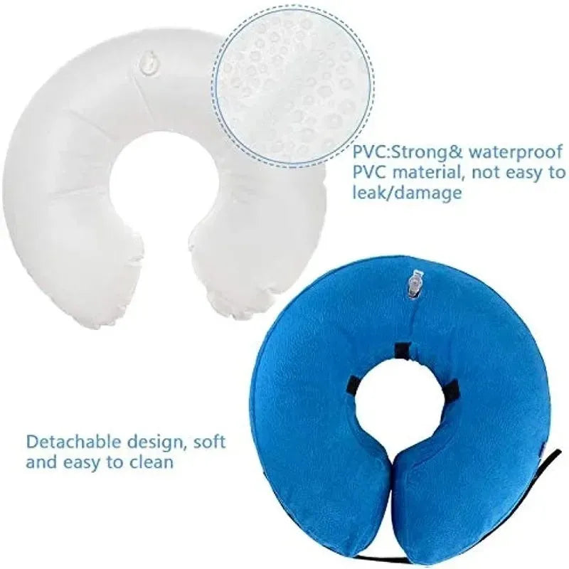 Blue inflatable dog recovery collar fastened around a dog's neck showing soft cone alternative