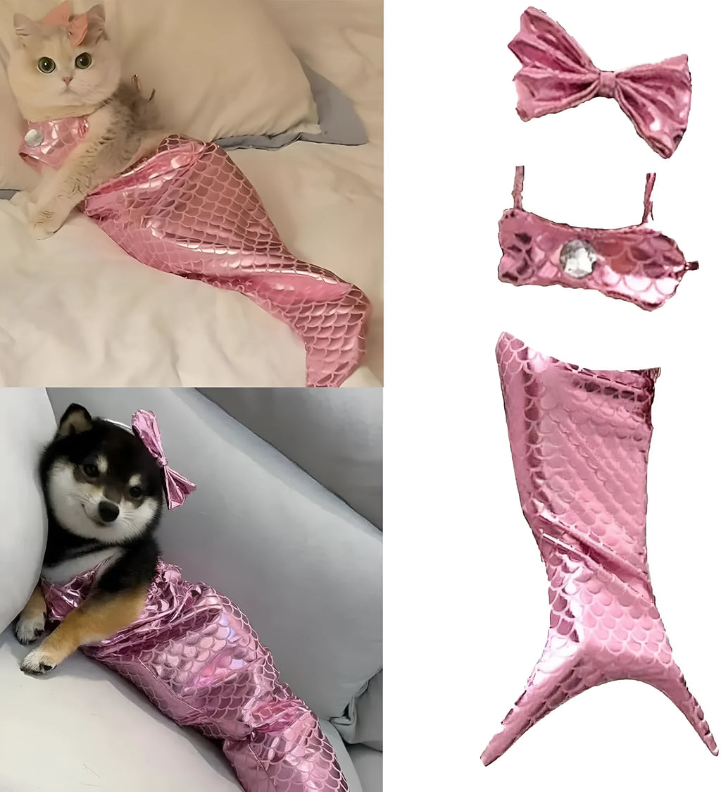 Blue mermaid costume on a cat showing the long glittering fishtail and elastic chest strap.