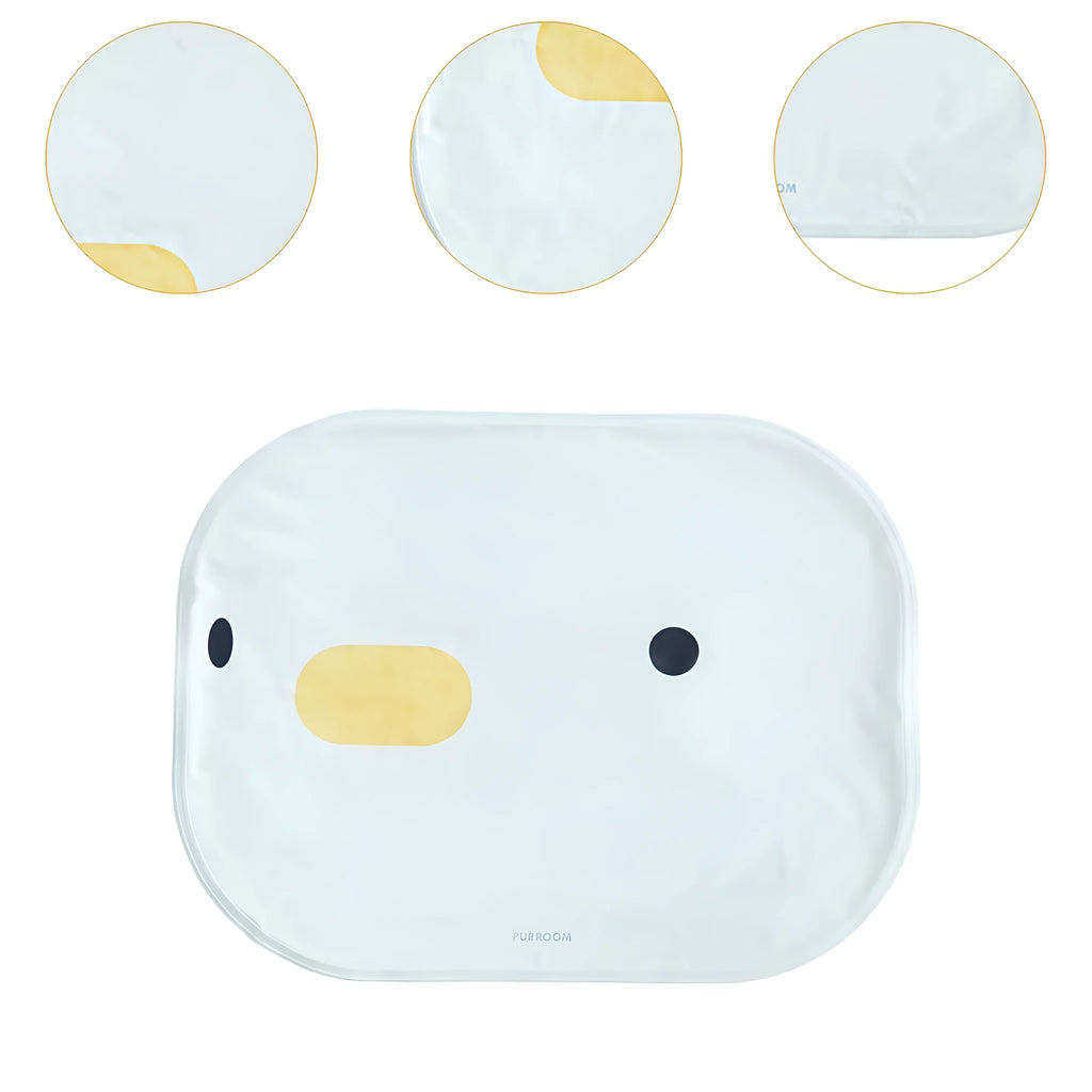 Washable chick-shaped pet cooling mat with non-stick surface next to an oval-shaped option.