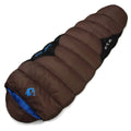 Outdoor cotton sleeping bag in army green with its compression storage sack.