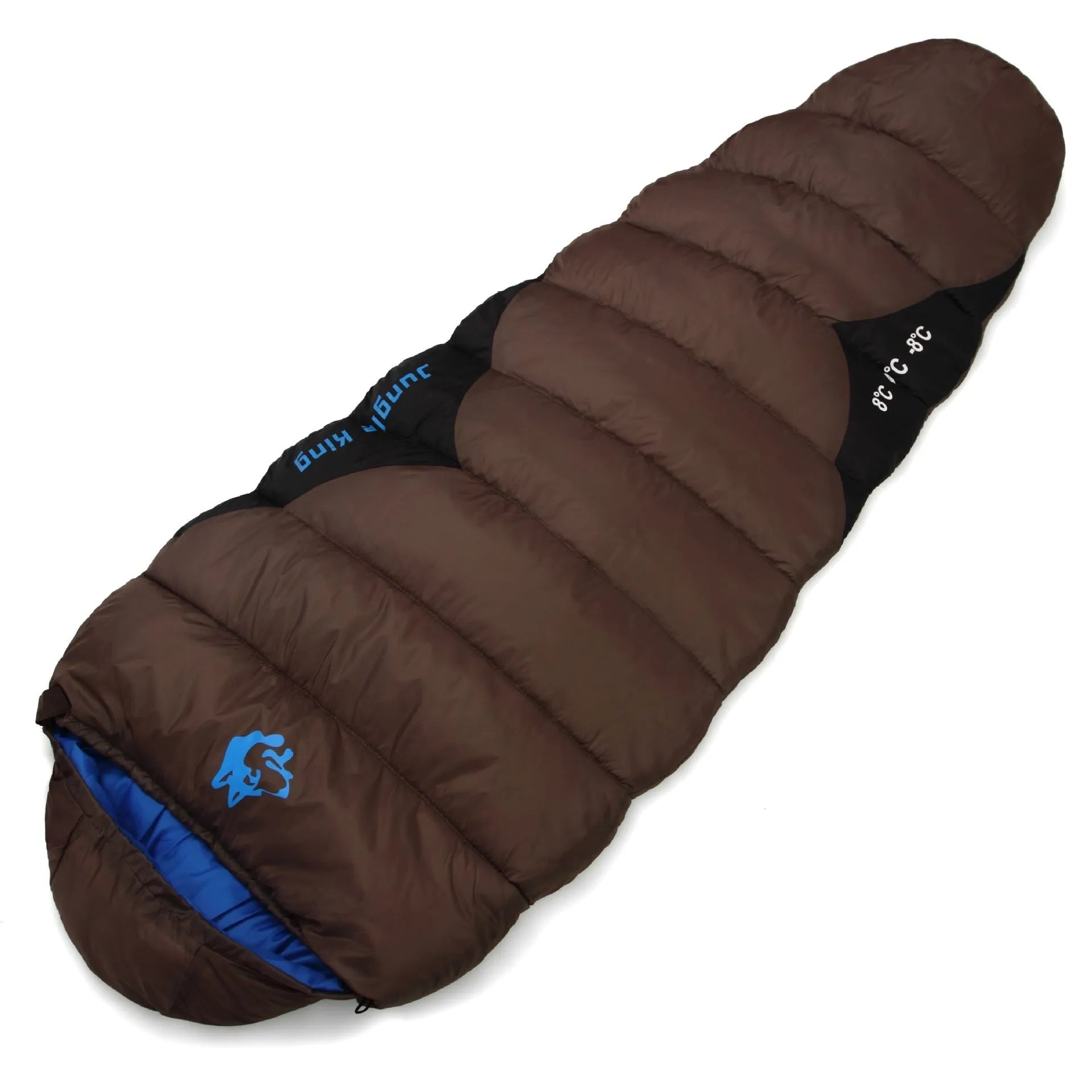 Outdoor cotton sleeping bag in army green with its compression storage sack.