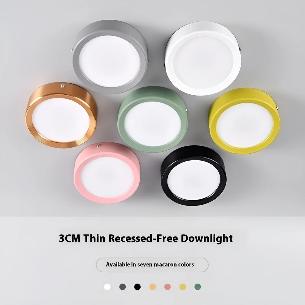 Ultra-thin surface mounted LED downlight in a choice of coloured aluminium shells.