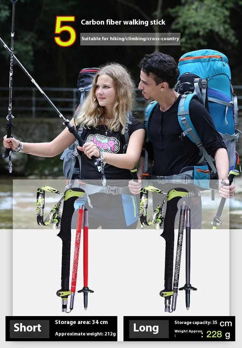Carbon fibre folding climbing cane with tungsten steel tip in matte black colour, shown in extended and folded positions