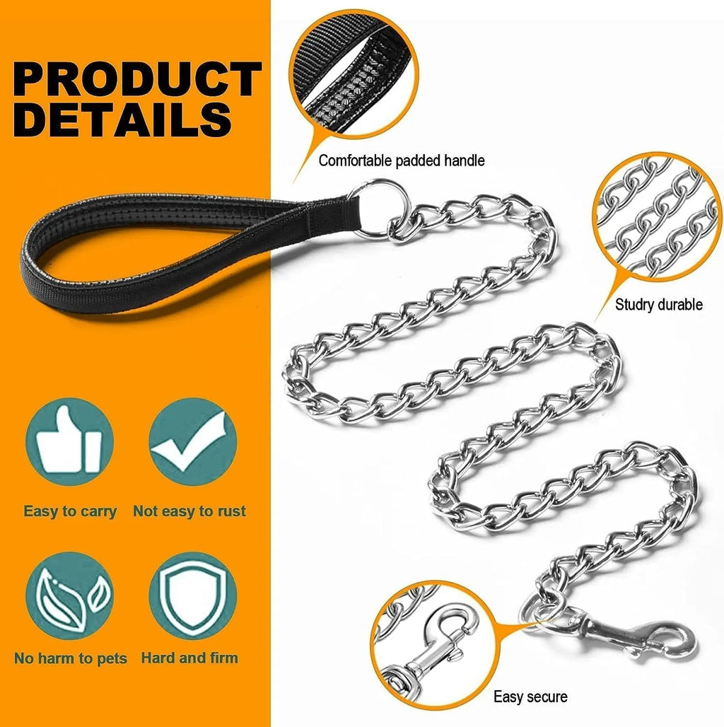 Heavy duty metal dog leash with a soft black padded handle and chrome chain.