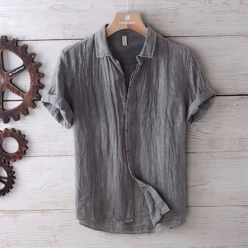 Men's solid colour retro distressed linen shirt in white, front view, summer casual button-down