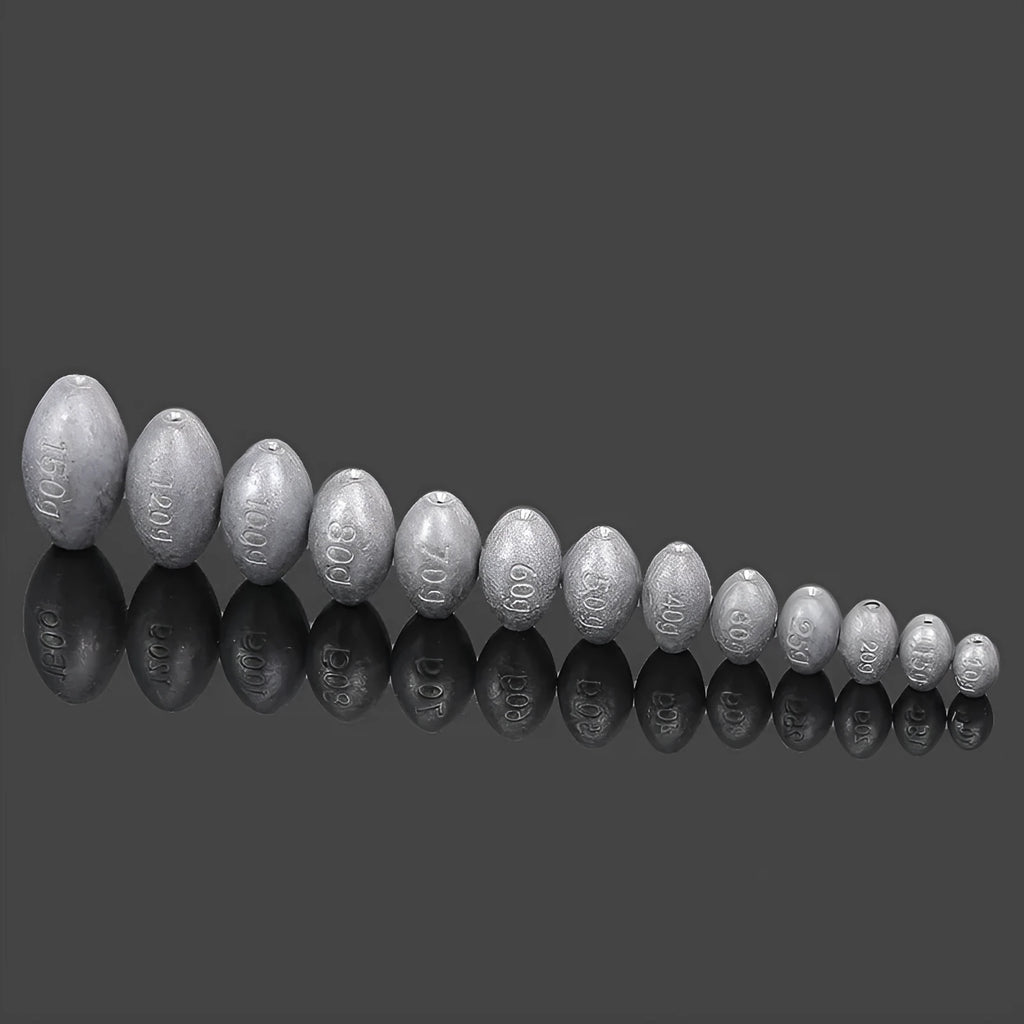 Rugby-shaped sea fishing lead sinker with plastic core in various weights from 10g to 150g