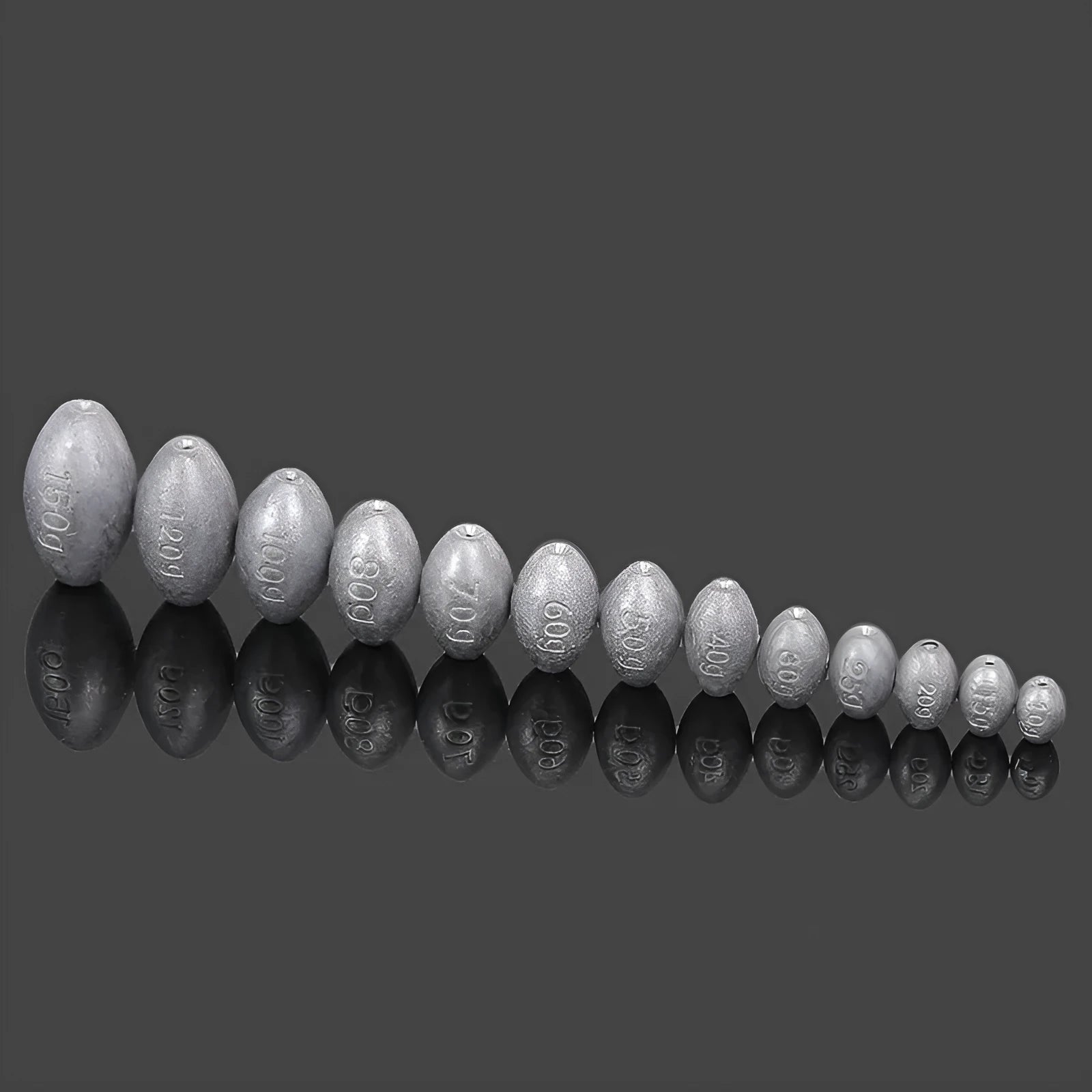 Rugby-shaped sea fishing lead sinker with plastic core in various weights from 10g to 150g