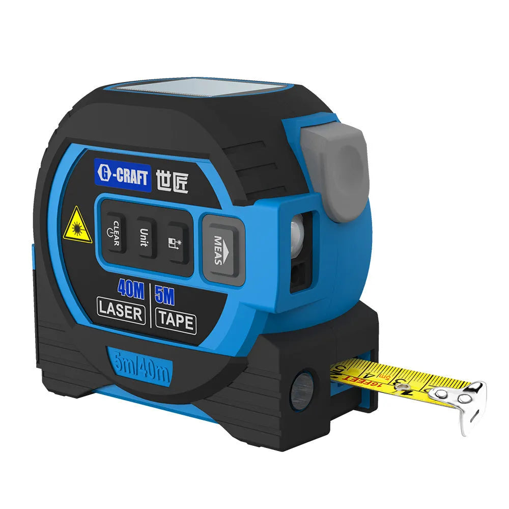 3-in-1 laser tape measure with 5m tape ruler and infrared rangefinder in blue