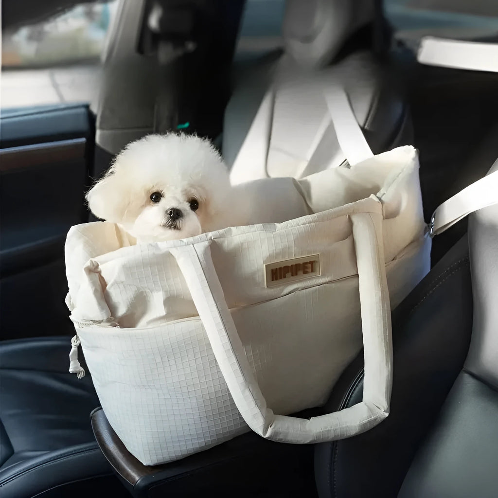 Dog car seat pet carrier with adjustable safety leash in beige waterproof quilted fabric for small dogs up to 10 pounds