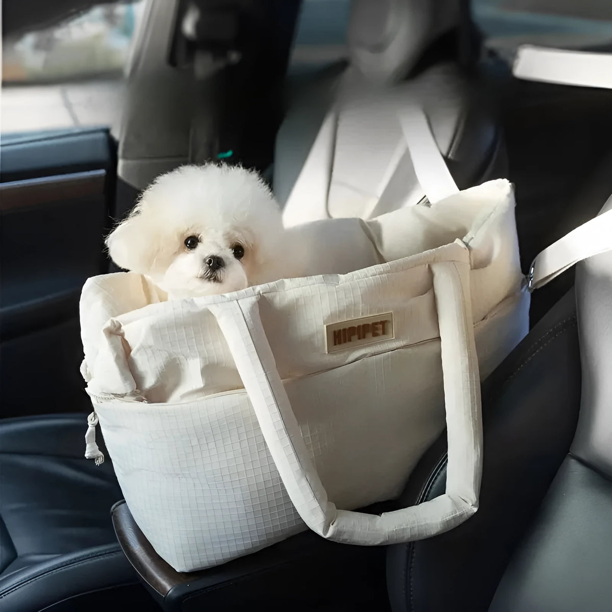 Dog car seat pet carrier with adjustable safety leash in beige waterproof quilted fabric for small dogs up to 10 pounds
