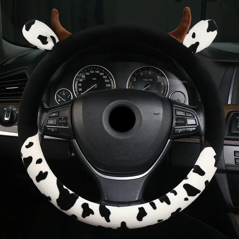 Plush car steering wheel cover in black or coffee colour with protective handle design
