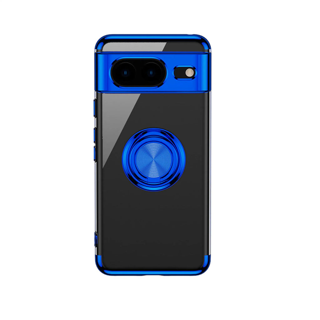 Google Pixel phone case with electroplated silicone transparent back and magnetic ring in silver colour showing front and rear view