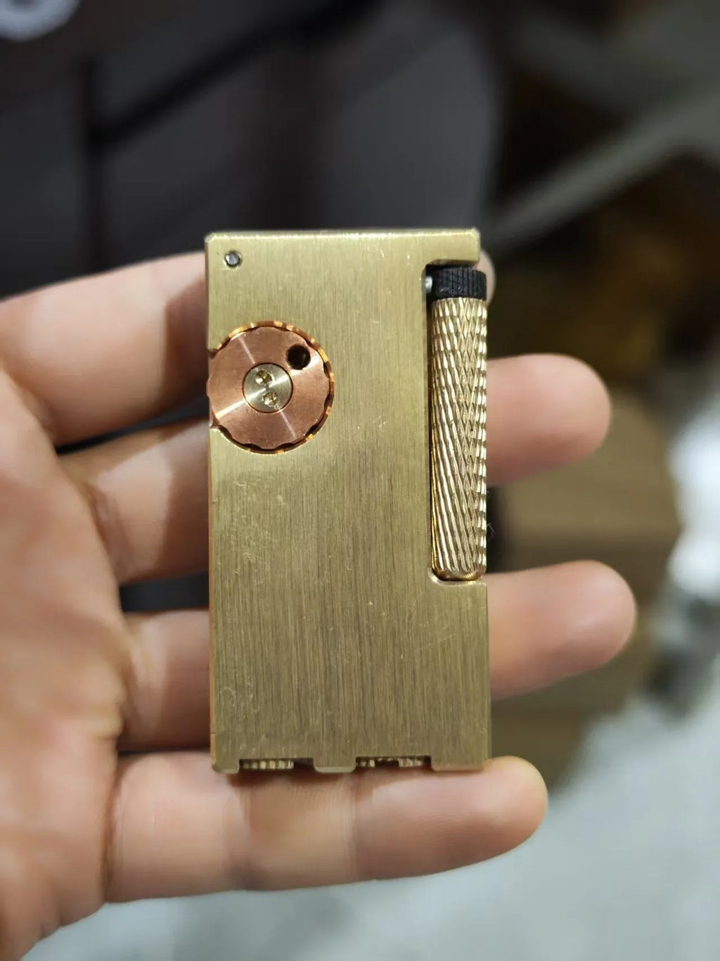 Brass metal arm lifting side sliding manual lighter with red copper flint warehouse in copper colour