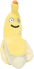 Yellow banana-shaped cat chew toy with plush fabric and crinkle sound feature