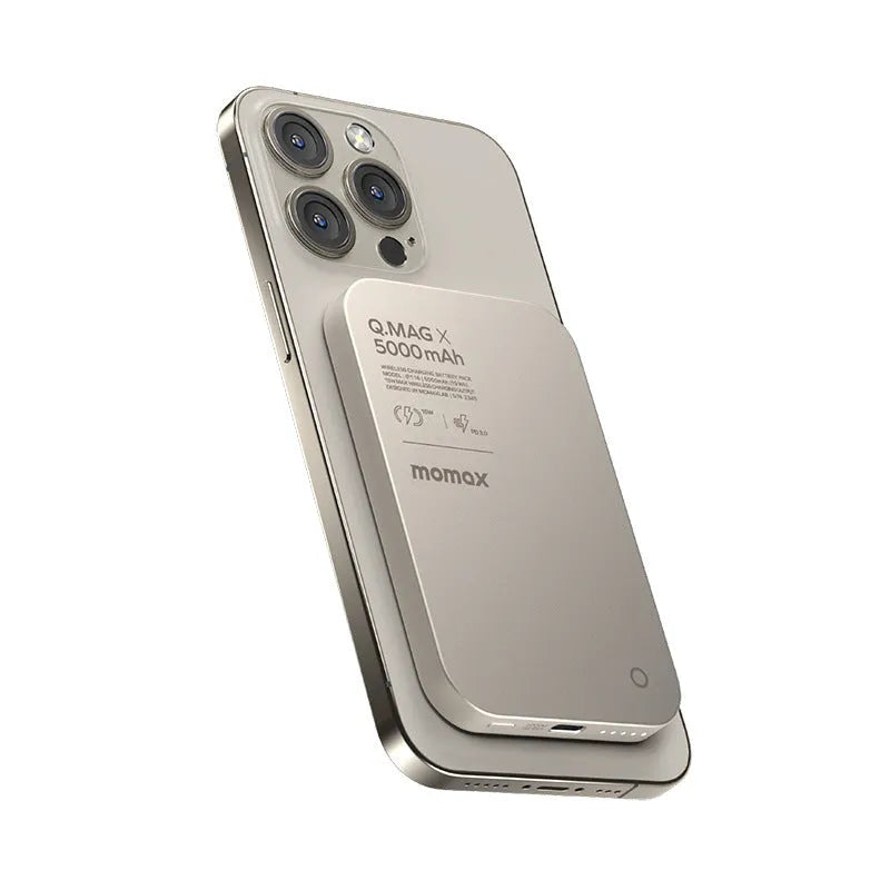 Magnetic wireless power bank with alloy shell in titanium gold and black colour options.