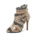 Women's plus size denim high heel sandals in leopard print and plaid patterns