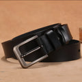 Square head pin buckle casual leather belt in black or brown, shown with length size options.