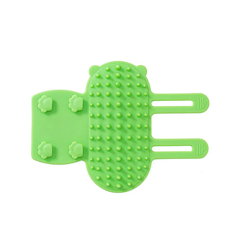 Adjustable silicone cat scratching comb mounted on a table leg in green colour.