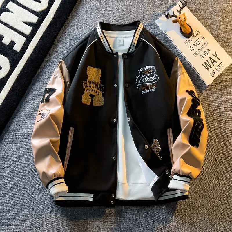 Contrast color American embroidery leather sleeve coat slim fit regular length in black