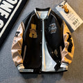 Contrast color American embroidery leather sleeve coat slim fit regular length in black