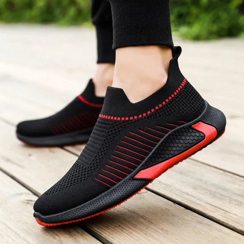 Men's black and white striped mesh sock running shoes with lace-up front