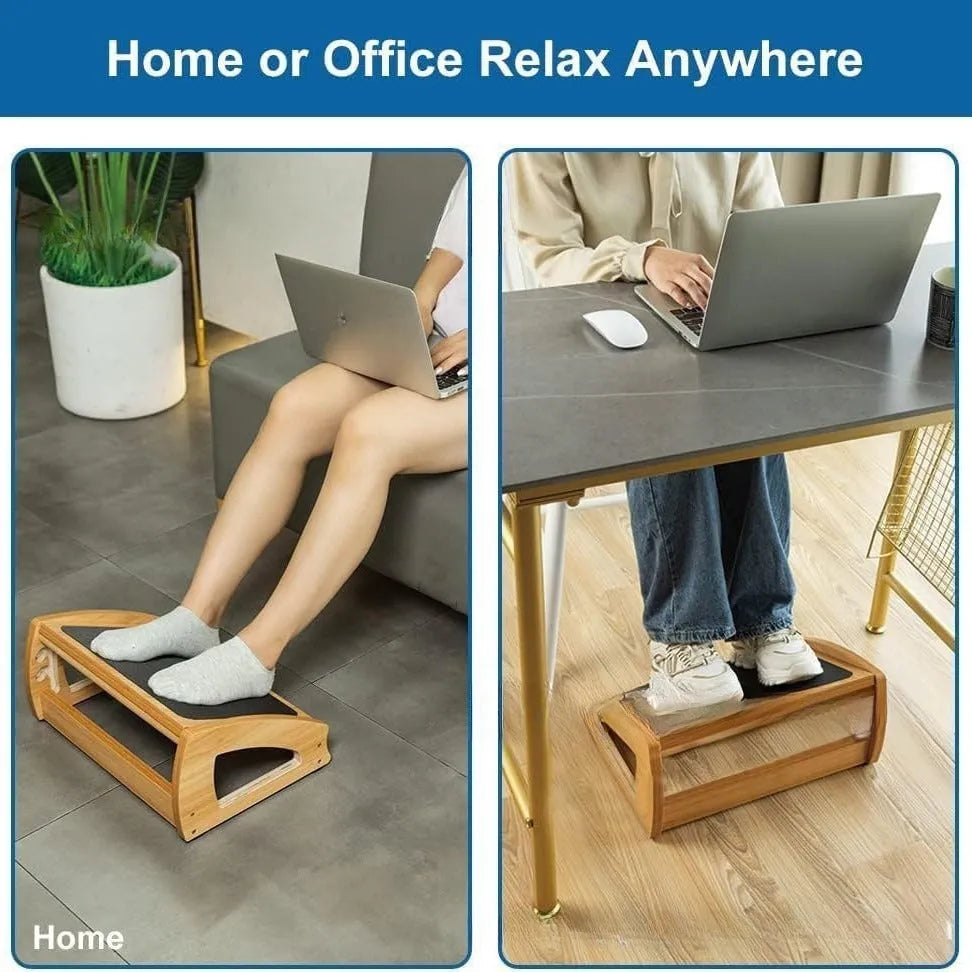Wooden bamboo office desk footstool in natural wood colour for adult ergonomic seating support