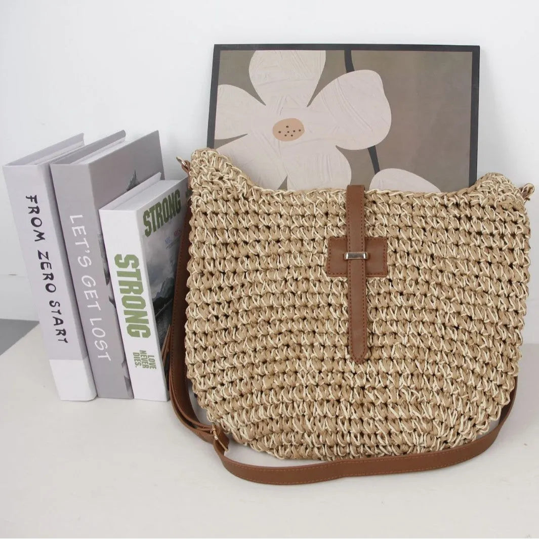 Beige handmade woven bag with sandwich pocket style and 55cm shoulder strap