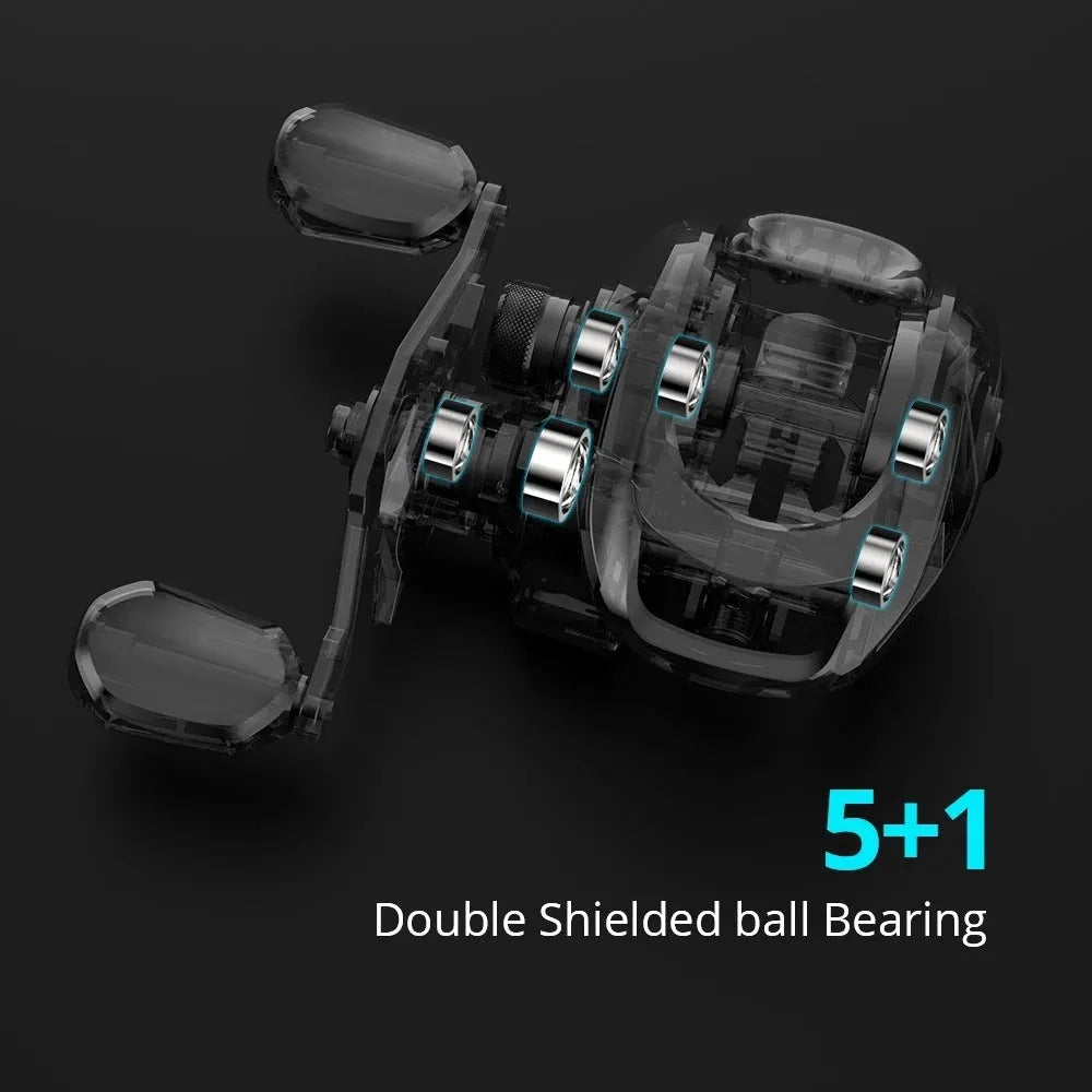 Fishing reel with drip wheel and rocking wheel mechanism showing left and right-handed operation options