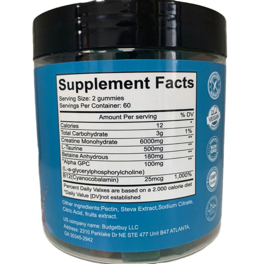 Bottle of raspberry flavoured creatine monohydrate gummy supplements containing 120 soft candy tablets