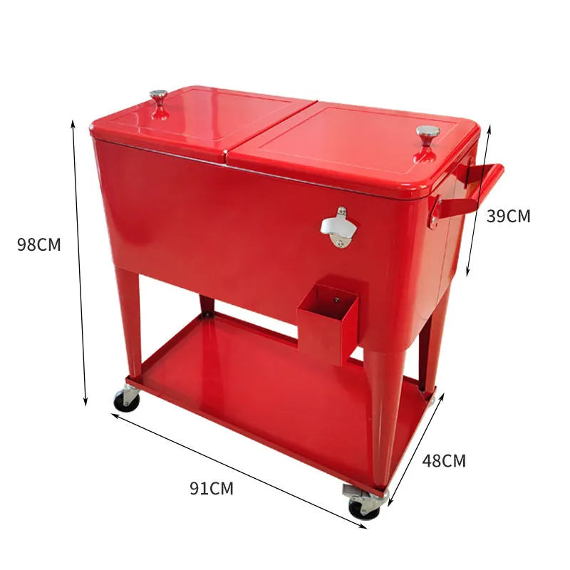 Red outdoor insulated metal cooler trolley with iron frame and 750 capacity