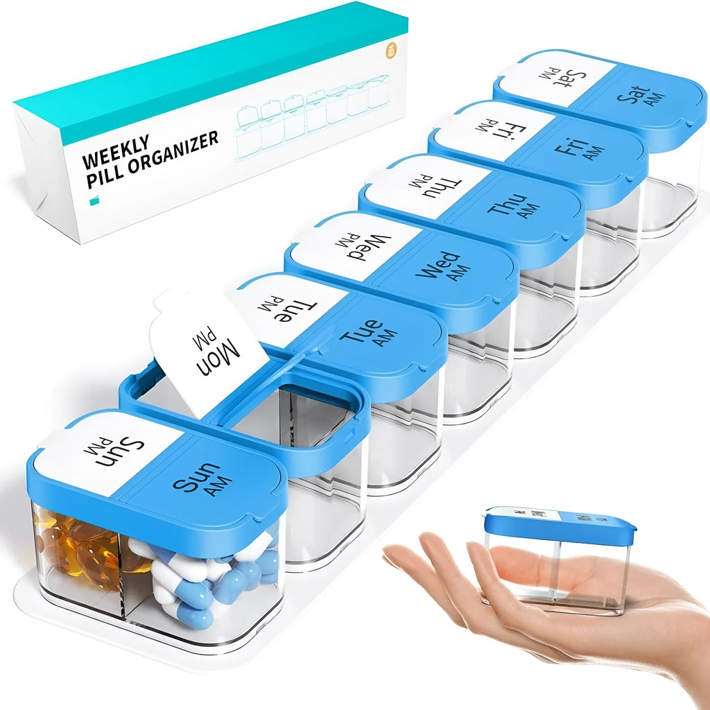 Large white plastic pill organiser with 14 removable compartments lined up next to the main case.