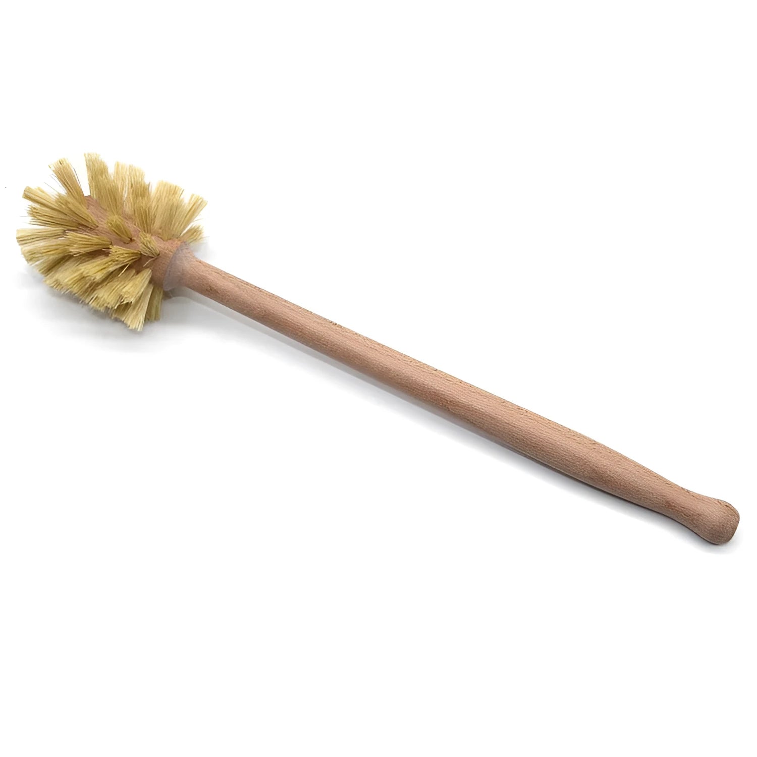 Large long handle cleaning brush with beech wood handle and natural sisal bristles on a wooden surface