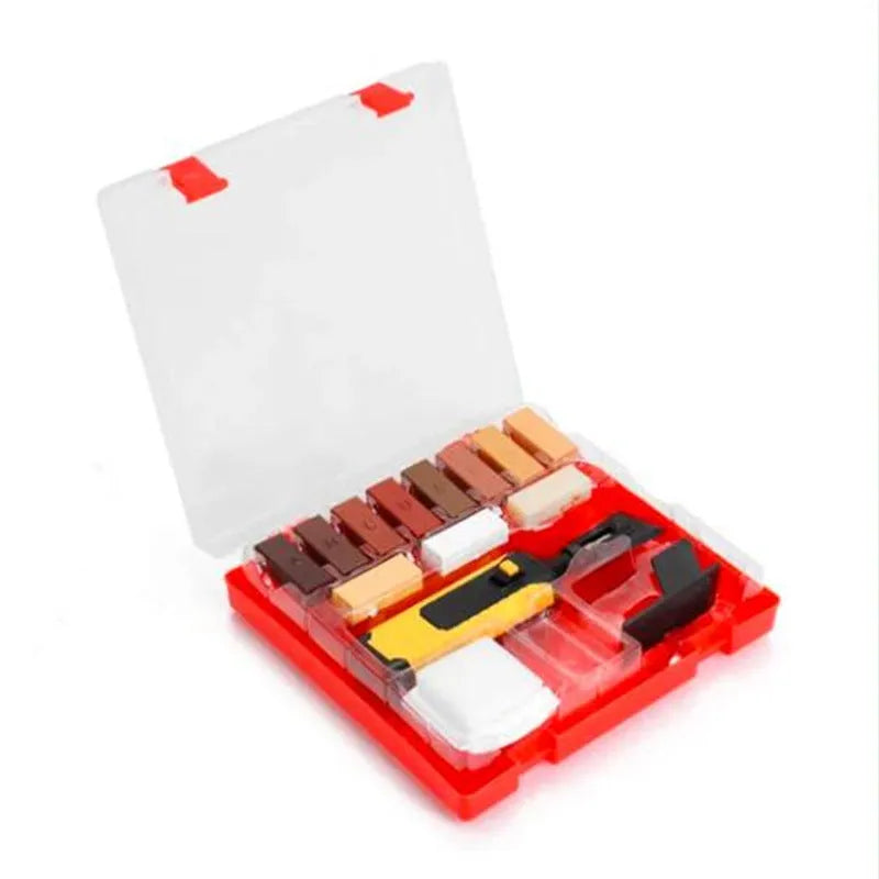 Floor tile repair tool set with red or yellow handle options and wax sticks for DIY furniture restoration