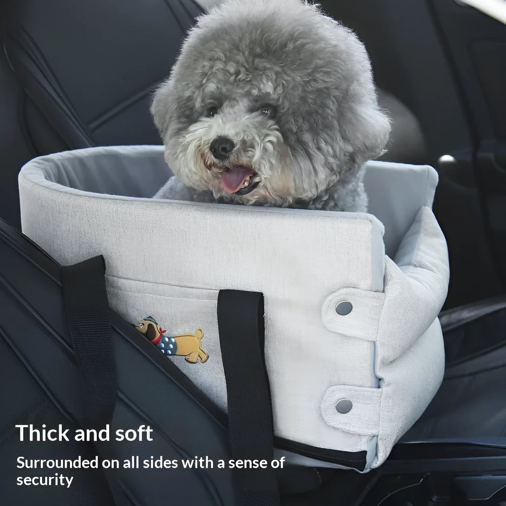 Car centre console pet pad in dark gray linen nest style for small dogs and cats