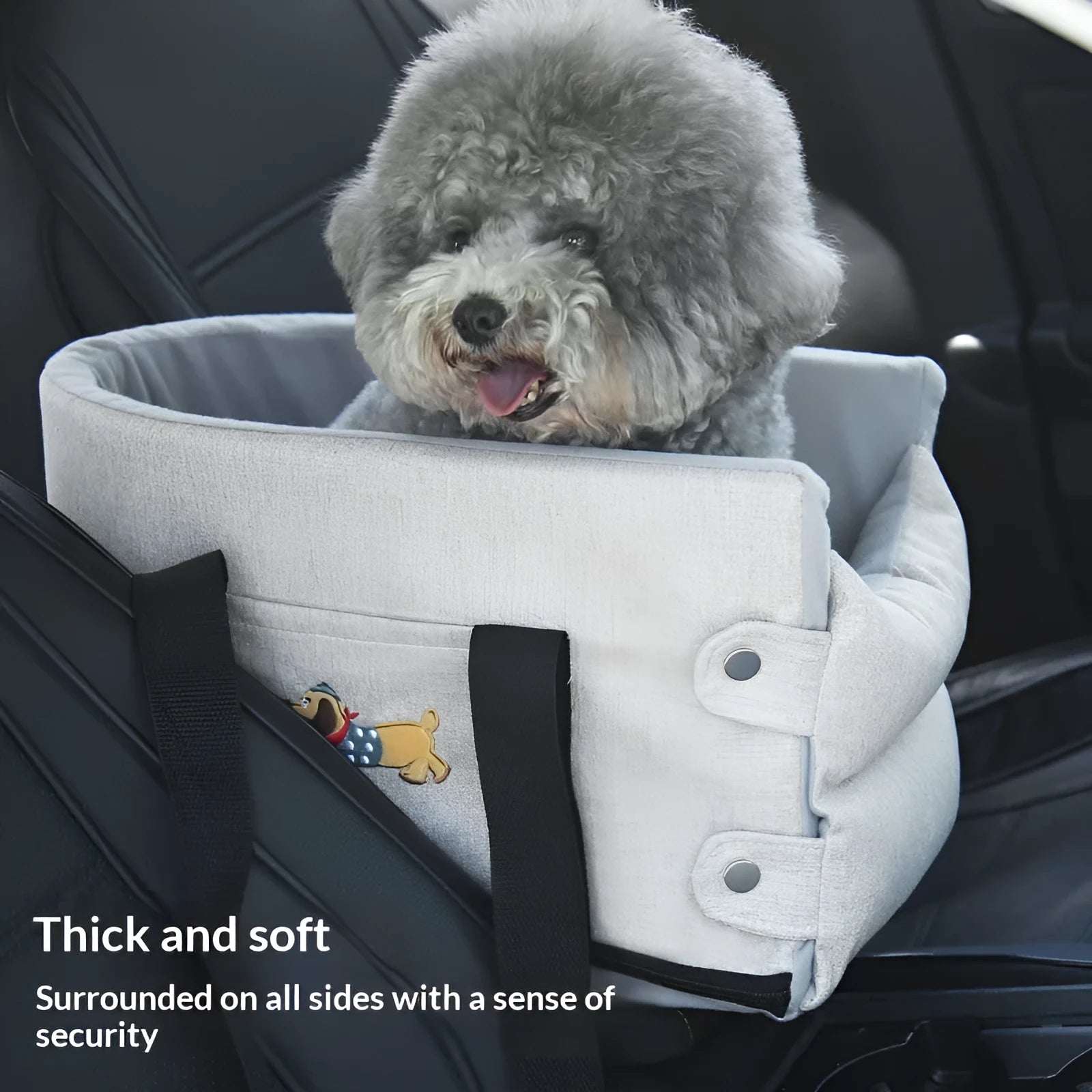 Car centre console pet pad in dark gray linen nest style for small dogs and cats