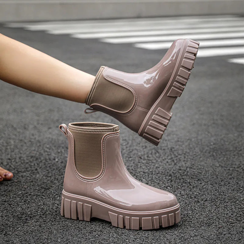 Women's low cut PVC rain boot in apricot colour with a non-slip sole.