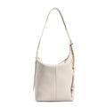 Women's soft genuine leather bucket shoulder bag in elephant grey colour showing casual style and large capacity