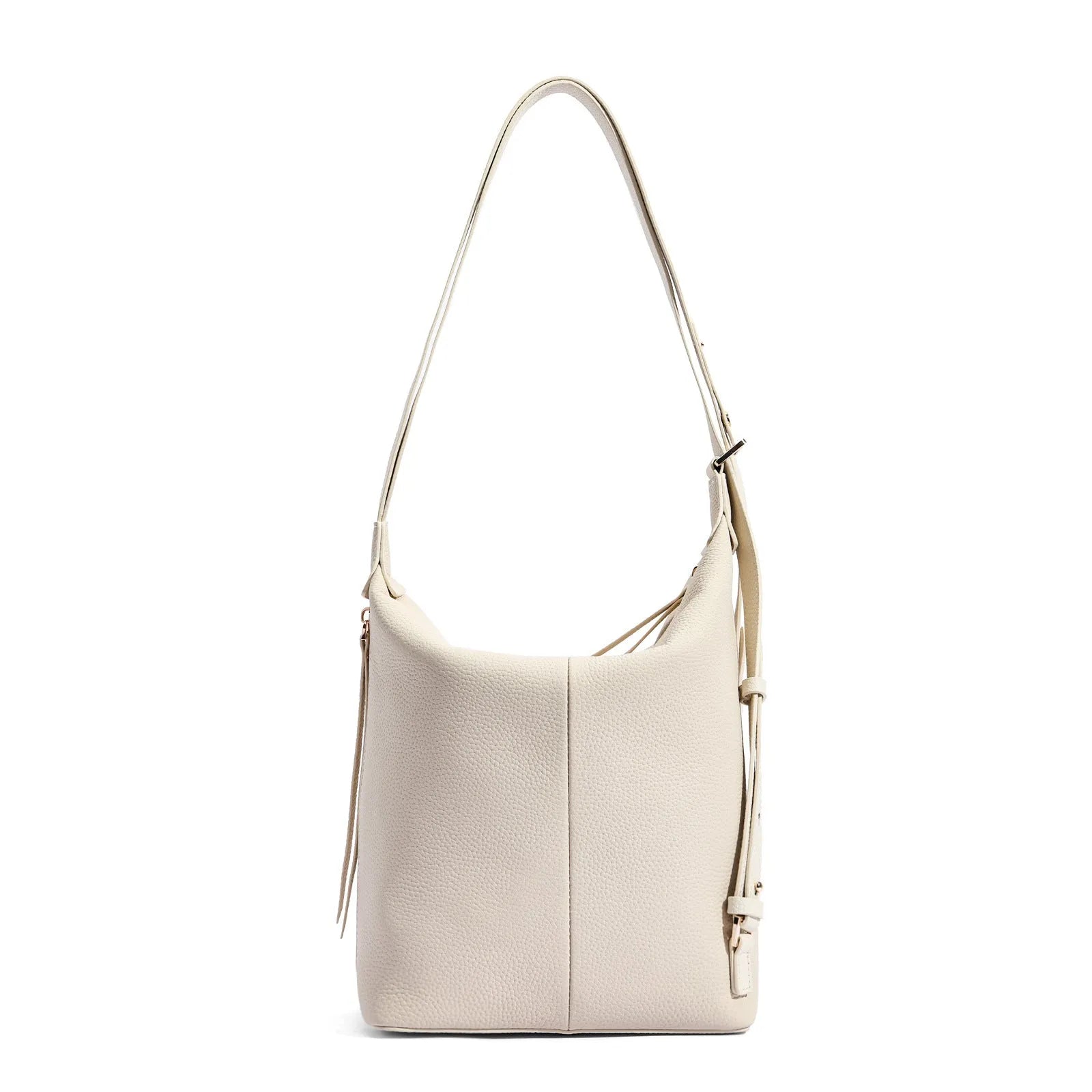 Women's soft genuine leather bucket shoulder bag in elephant grey colour showing casual style and large capacity