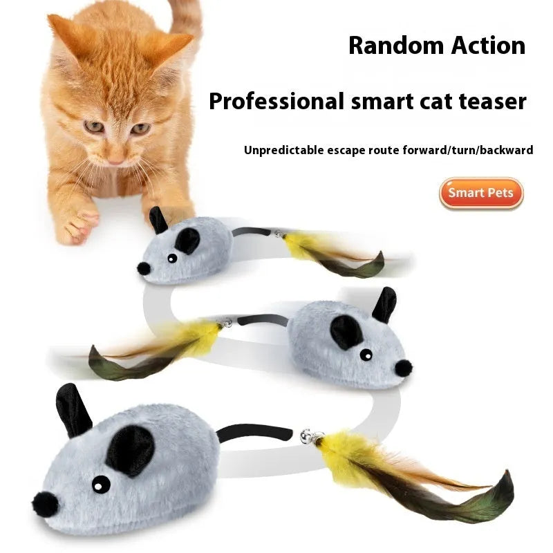 Grey and yellow electronic charging simulation mouse cat toy with feather tail decorations.