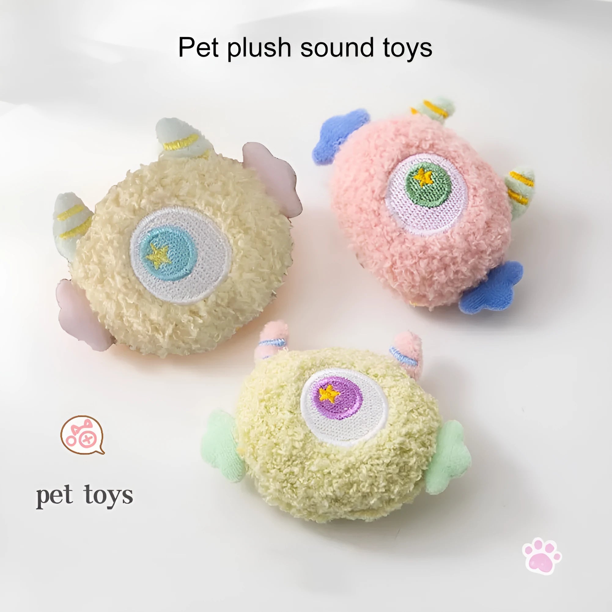 Cartoon-shaped plush dog chew toy with large eyes and squeaker in assorted colours