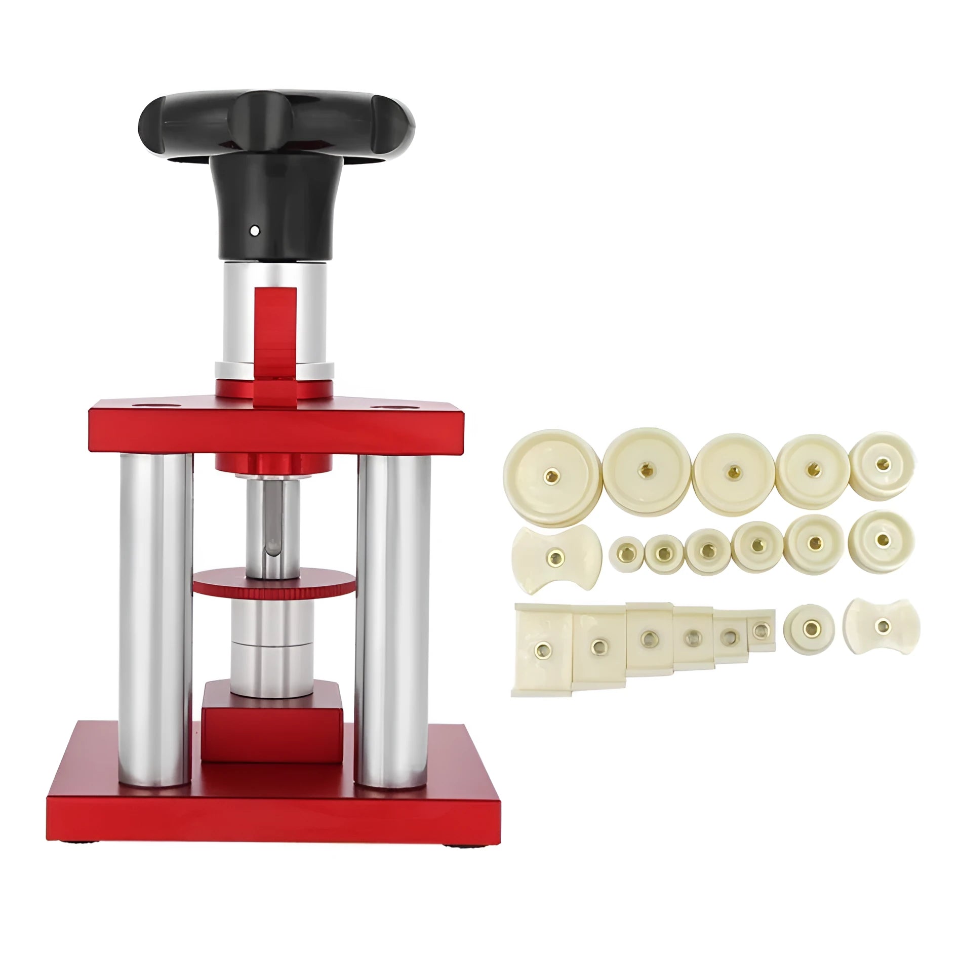 Watch repair spiral cap presser tool with a set of 20 plastic moulds for watch back cover pressing