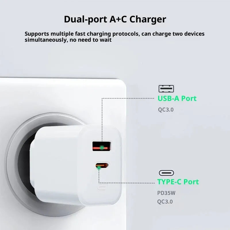 35W European standard multi-port USB charger with two output ports, black colour, compact rectangular design